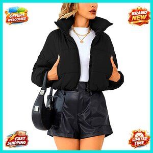 Lightweight Quilted Puffer Jacket Cropped Stand Collar Zipper Chic Minimal